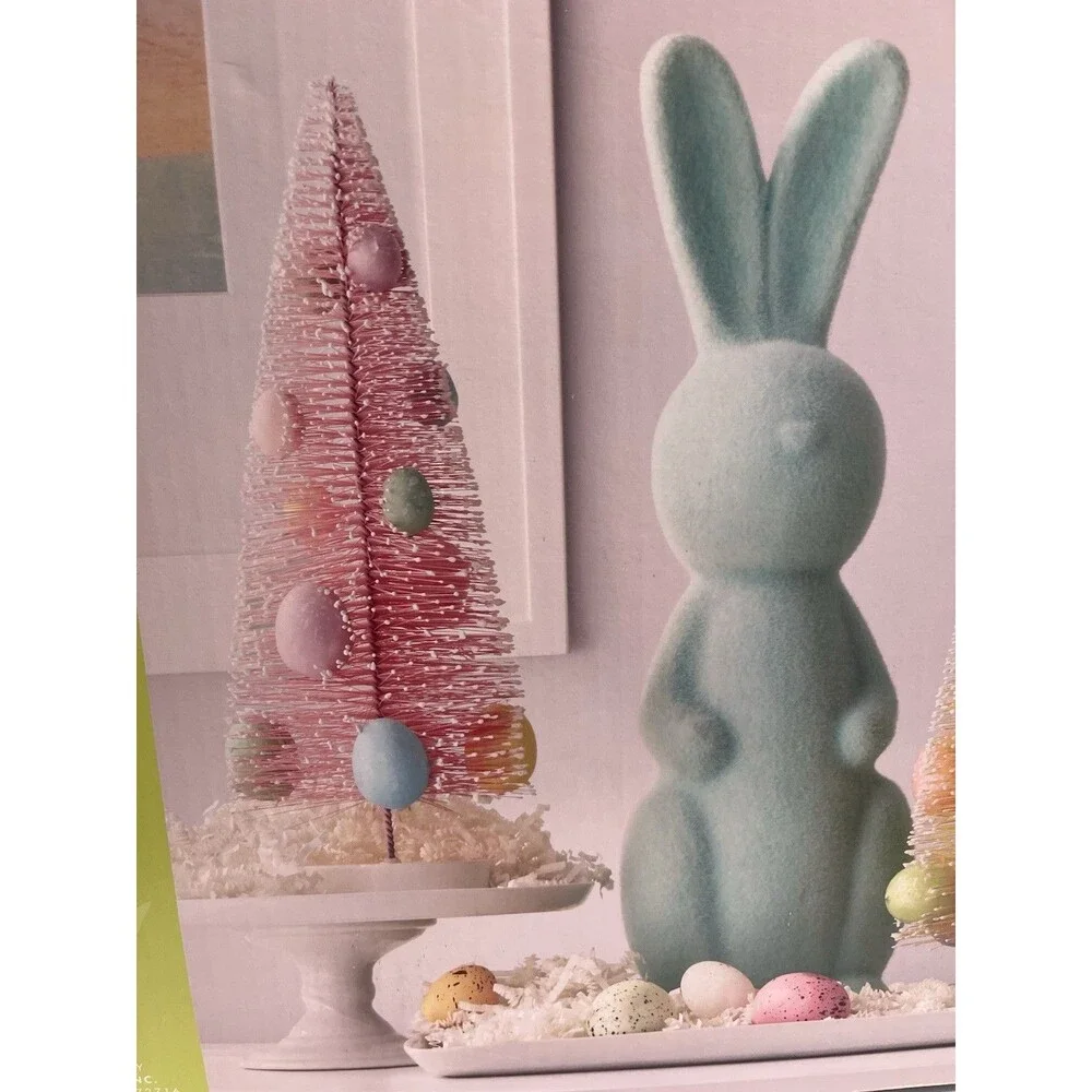 2 Flocked Bunnies Rabbits And 3 Bottlebrush Trees w Egg 5pc Easter Spring Decor